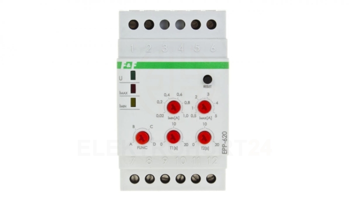 Przekaźnik kontroli prądu 4-funkcyjny 0,02-1/0,5-5A 2P 0-20sek (praca z przekładnikiem 5A) EPP-620