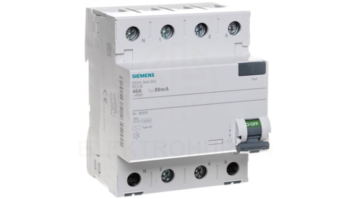 Wyłącznik różnicowoprądowy 4P 40A 0,03A typ AC biegun N-lewe 30mA 400V SENTRON 5SV4344-0KL