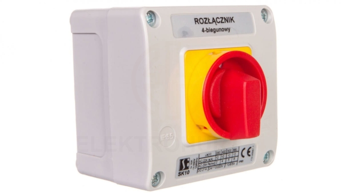 Łącznik krzywkowy 10A rozłącznik 0-1 4P w obudowie OB11 z czołem zamykanym żółto/czerwonym SK10-2.8210OB11ZC