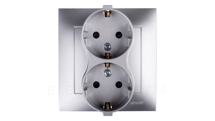 Simon 54 Gniazdo podwójne SCHUKO z/u 16A IP20 z przesłoną torów srebrny mat DGSz2Z/43
