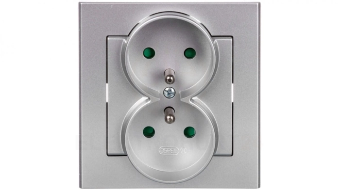 SONATA Gniazdo podwójne z/u z przesłonami srebro mat GP-2RZP/38