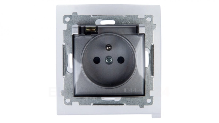 Simon 54 Gniazdo bryzgoszczelne z/u IP44 z przesłoną torów i klapką transparentną srebrny mat DGZ1BZ.01/43A