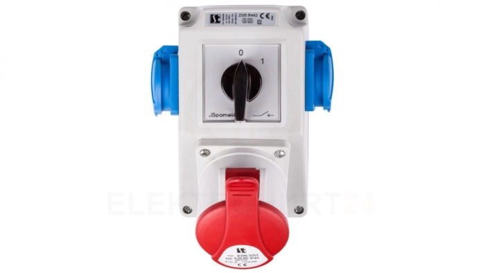 Zestaw instalacyjny z gniazdem 32A 5P+2x2P+Z (0-1) czerwony ZI05R442