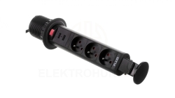 Biurkowy przedłużacz wpuszczany fi 60mm czarny 3x gniazdo z uziemieniem 2xUSB 2,1A 5V AE-BPW3U60U-20