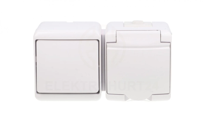 JUNIOR Łącznik jednobiegunowy + gniazdo hermetyczne (klapka biała) biały IP54 WGHH-1