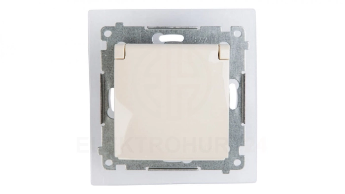 Simon 54 Gniazdo bryzgoszczelne z/u IP44 z przesłoną torów i klapką pełną kremowe DGZ1BZ.01/41