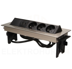 Gniazdo wpuszczane w blat 3x250V w niklowanej obudowie z ładowarką 2xUSB i przewodem 1,8m OR-AE-1364