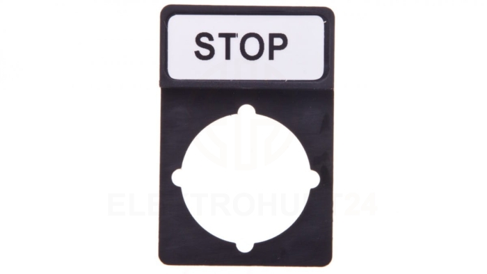 Tabliczka opisowa STOP 44x30mm czarna prostokątna ST22-1901P03