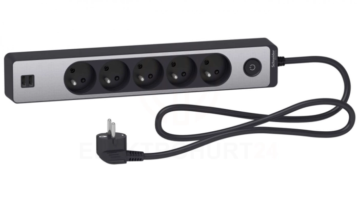 Odace Przedłużacz 5 gniazdowy z łącznikiem 2x USB, 1,5m antracyt+szczotkowane aluminium ST935U1BA