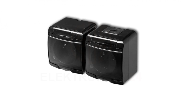 Gniazdo hermetyczne podwójne z uziemieniem Karlik Junior 12GHE-2D (klapka dymna) 2x(2P+Z) bez przesłon czarne