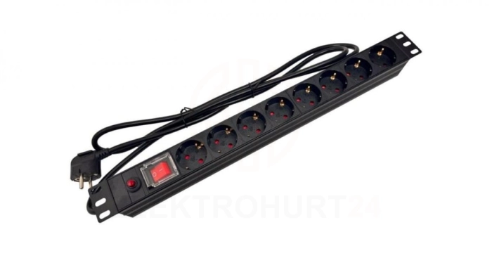 Listwa zasilająca rack 19 cali PDU gniazdo 9 x CEE 7/3 wtyk CEE 7/7 z wyłącznikiem i zabezpieczeniem