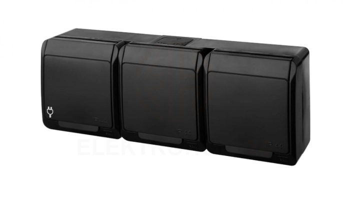 HERMES IP44 gniazdo natynkowe potrójne z uziemieniem 3x2P+Z czarne 0323-09