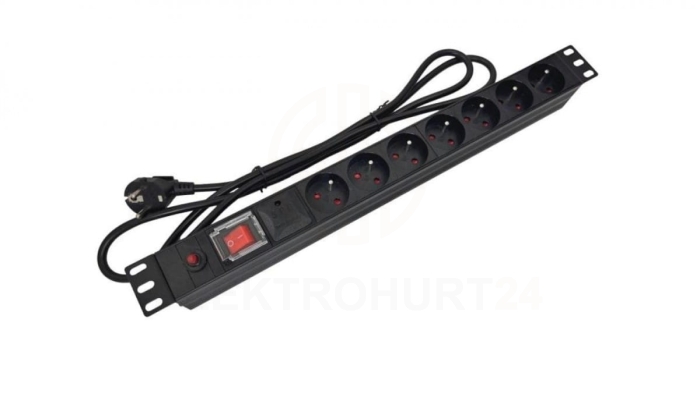 Listwa zasilająca rack 19 cali PDU gniazdo 7 x CEE 7/5 wtyk CEE 7/7 z wyłącznikiem i zabezpieczeniem