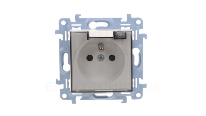 Simon 10 Gniazdo pojedyncze IP44 z uszczelką z przesłonami torów prąd. klapka w kolorze transparentnym, szybkozłącza, biały 16A.