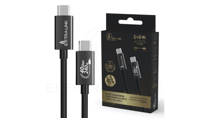 Kabel USB-C 240W, 40Gbps, 200cm Extralink Smart Life USB Type-C to Type-C Cable Braided Czarny