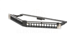 Panel krosowy kątowy 19 24x keystone, ekranowany,1U, czarny, prowadnica kabli, pola opisowe DN-91414S