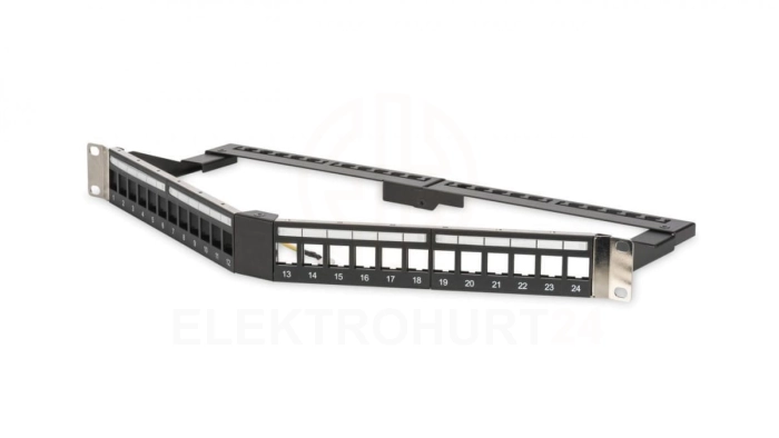 Panel krosowy kątowy 19 24x keystone, ekranowany,1U, czarny, prowadnica kabli, pola opisowe DN-91414S