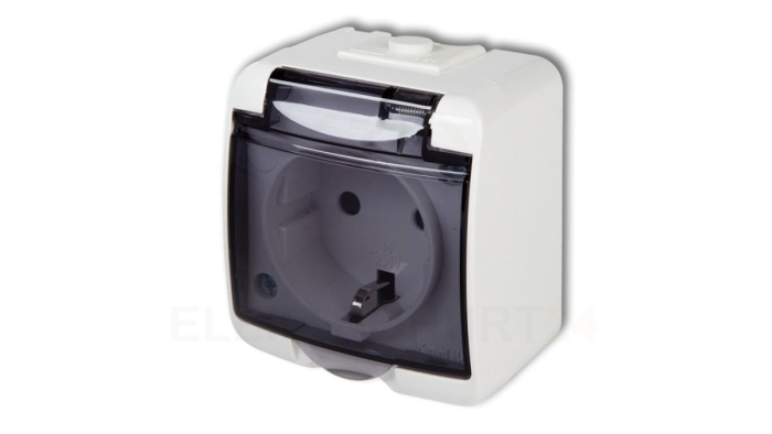 JUNIOR Gniazdo pojedyncze z/u SCHUKO (klapka dymna) biały GHE-1sd