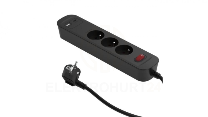 Przedłużacz szybkoładujący PD20 3-gniazdowy z wyłącznikiem + 2x USB (A+C) 1,4m SQUALL, grafitowy / 34098