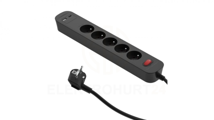 Przedłużacz szybkoładujący PD20 5-gniazdowy z wyłącznikiem + 2x USB (A+C) 1,4m SQUALL, grafitowy / 34099