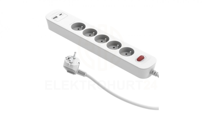 Przedłużacz szybkoładujący PD20 5-gniazdowy z wyłącznikiem + 2x USB (A+C) 1,4m SQUALL, biały / 34097