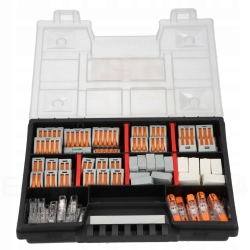 Zestaw złączek WAGO 221 2273 w organizerze do instalacji elektrycznych 112