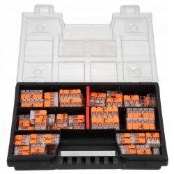 Zestaw złączek WAGO 221 2273 w organizerze do instalacji elektrycznych