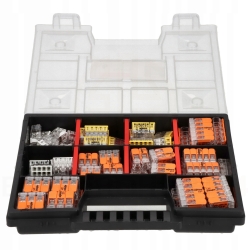 Zestaw złączek WAGO 221 2273 w organizerze do instalacji elektrycznych
