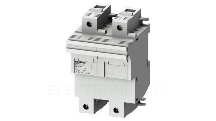 Podstawa bezpiecznikowa do wkładek cylindrycznych 22x58mm 100A 2-bieg. Na szynę DIN 3NW7221