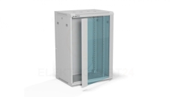 Szafa rack wisząca 19 cali 18U 600x450, drzwi szklane, tył i osłony boczne demontowalne, FLAT PACK kolor szary ALANTEC