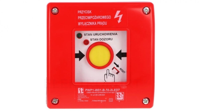 Ręczny przycisk przeciwpożarowego wyłącznika prądu PWP1 (1NO) z certyfikatem CNBOP - 2LED zielony/czerwony 230V