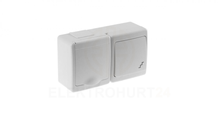 Wyłącznik hermetyczny BETA pojedynczy, schodowy i gniazdo BETA pojedyncze, białe, biała klapka, IP44 /D.3112BGWS/1/