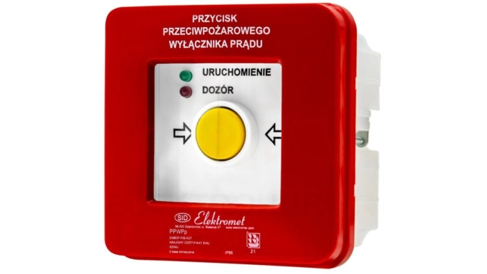 Przycisk ppoż wyłącznika prądu p/t 2 tory prądowe 12A, NC-NO, diody czerwona/zielona PPWPp-1s A