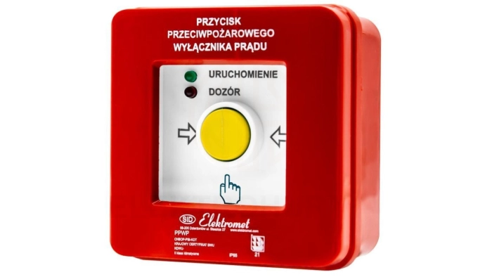 Przycisk ppoż wyłącznika prądu n/t, NC-NO, diody uniwersalne (230V AC lub 24V DC) czerwona/zielona PPWP-1 B - certyfikat CNBOP