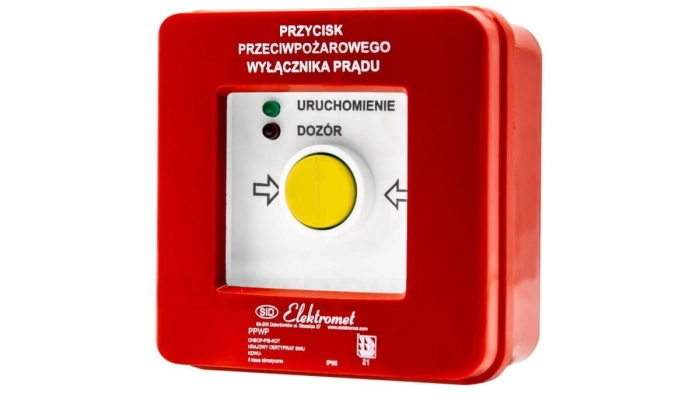 Przycisk ppoż wyłącznika prądu n/t, NC-NC, diody uniwersalne (230V AC lub 24V DC) czerwona/zielona PPWP-3s A - certyfikat CNBOP