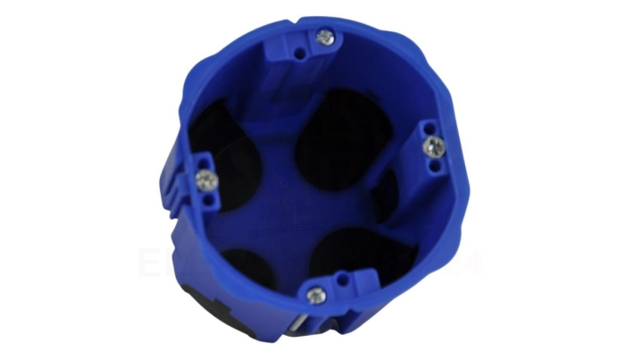 Puszka do pustych ścian PRIMEBOX, głęboka 60mm, fi74, łączeniowa, z wkrętami, wiatroszczelna, niebieska, IP30, A.0101KA